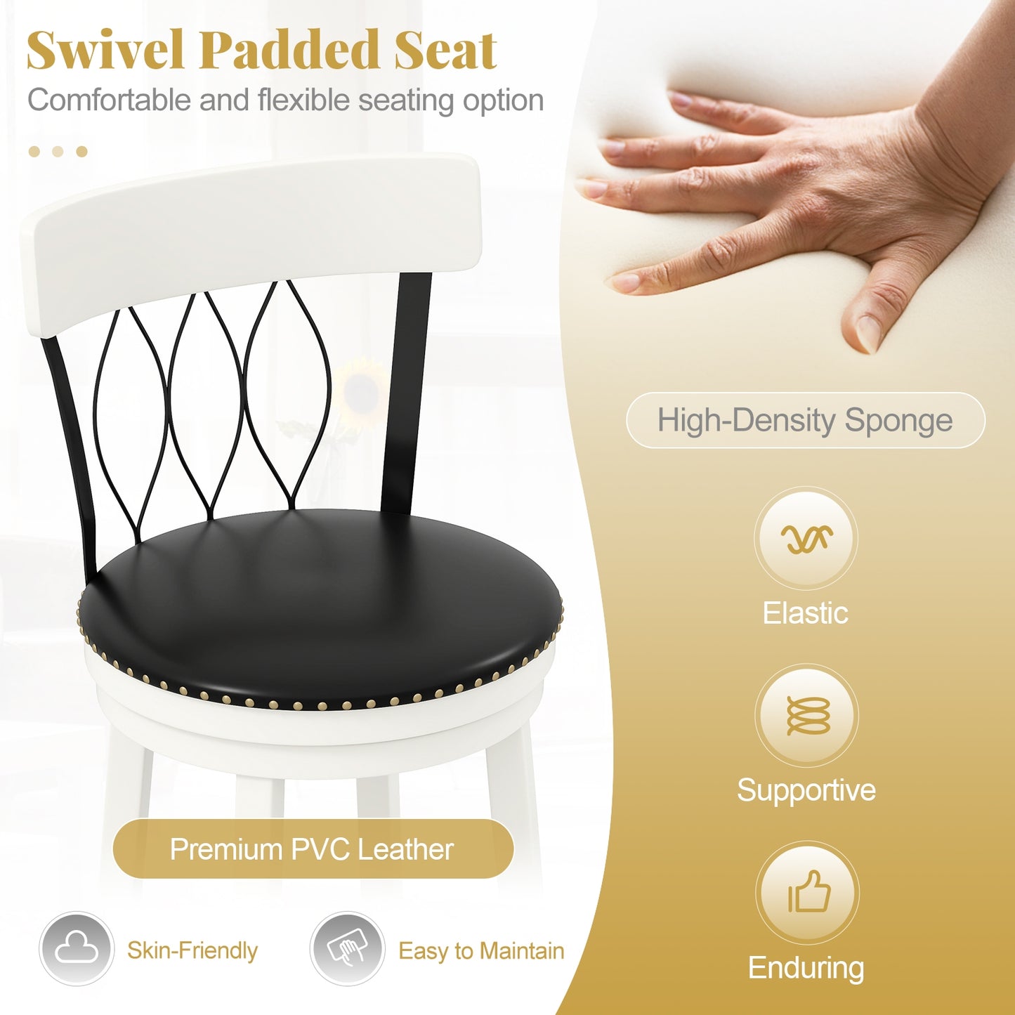 Swivel Bar Stools with Footrest and Tufted Rivet Detail Rubber Wood Frame 2-Piece Set - 30 inch