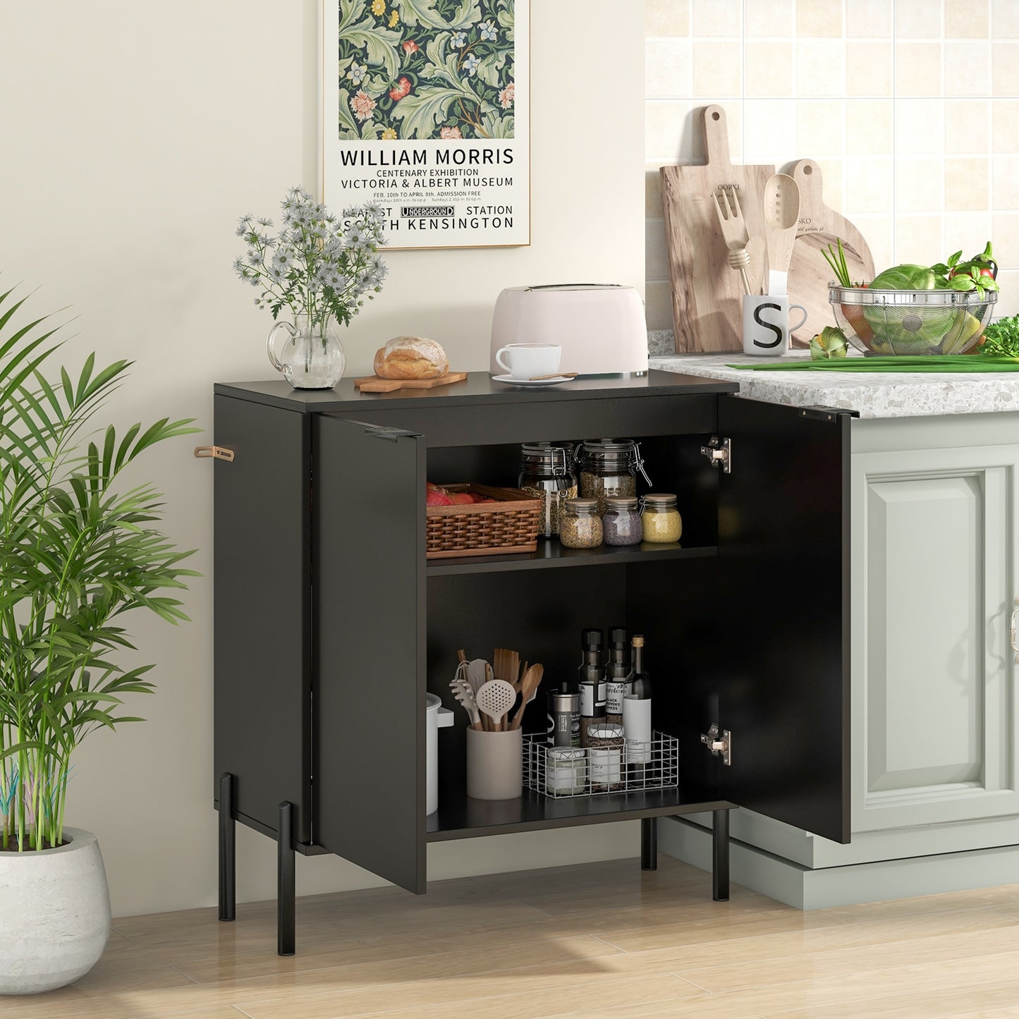 Modern 2-Door Buffet Sideboard with Adjustable Shelf and Metal Legs - Black