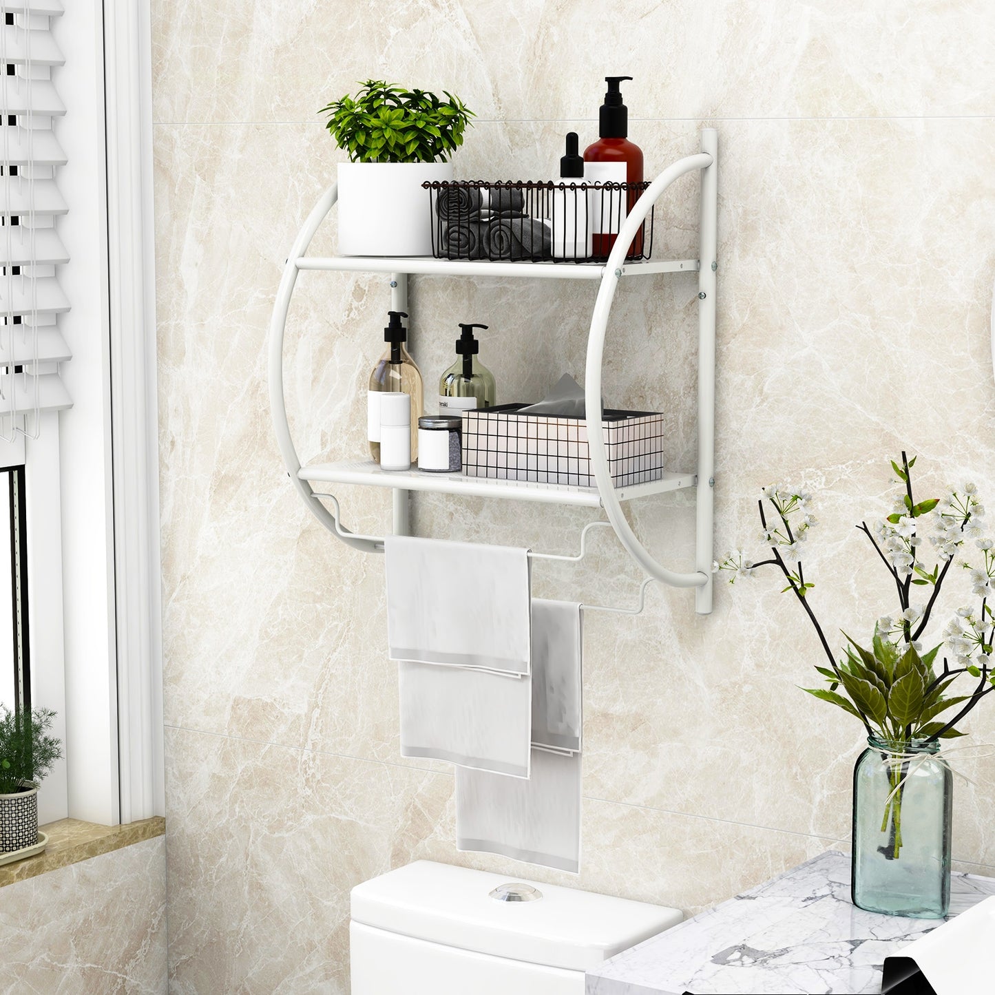 Wall-Mounted 2 Tier Towel Rack with 2 Hanging Bars for Bathroom Storage
