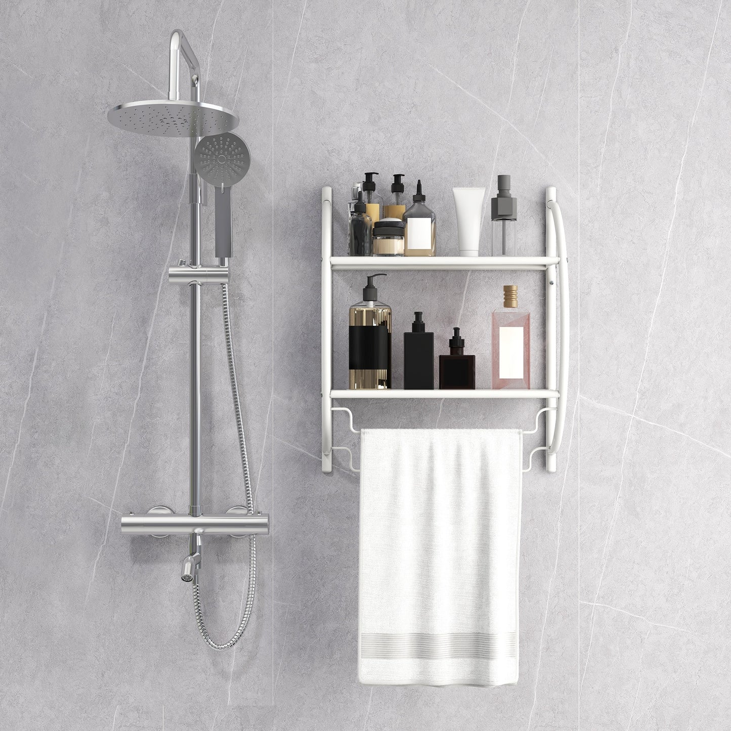 Wall-Mounted 2 Tier Towel Rack with 2 Hanging Bars for Bathroom Storage