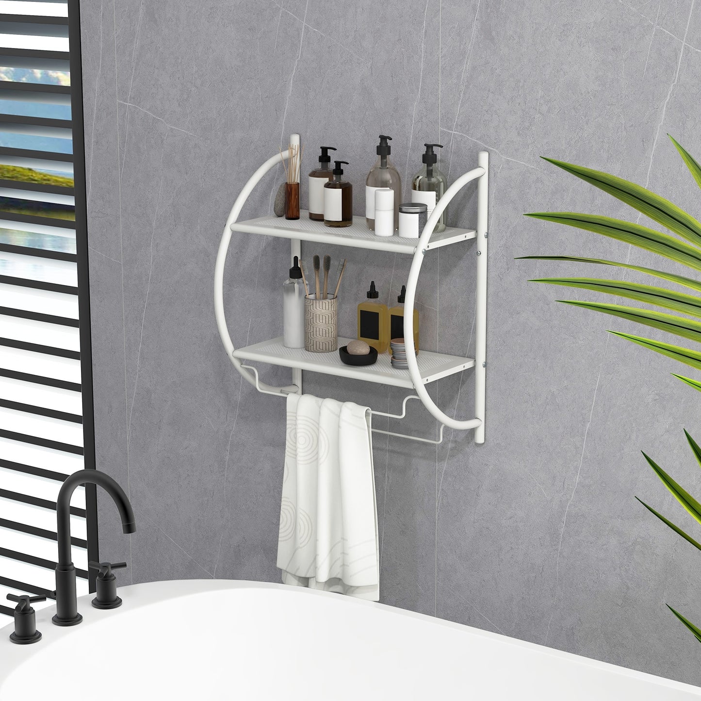 Wall-Mounted 2 Tier Towel Rack with 2 Hanging Bars for Bathroom Storage