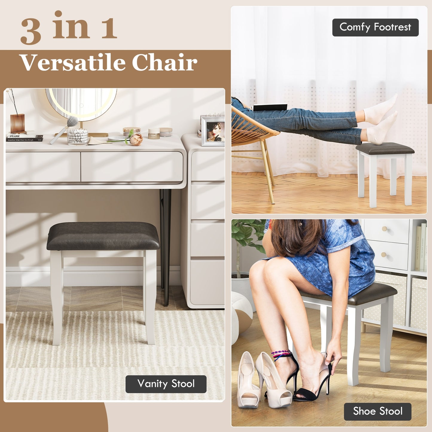 Set of 2 Faux Leather Vanity Stools with Cushioned Seats for Makeup Room and Living Room