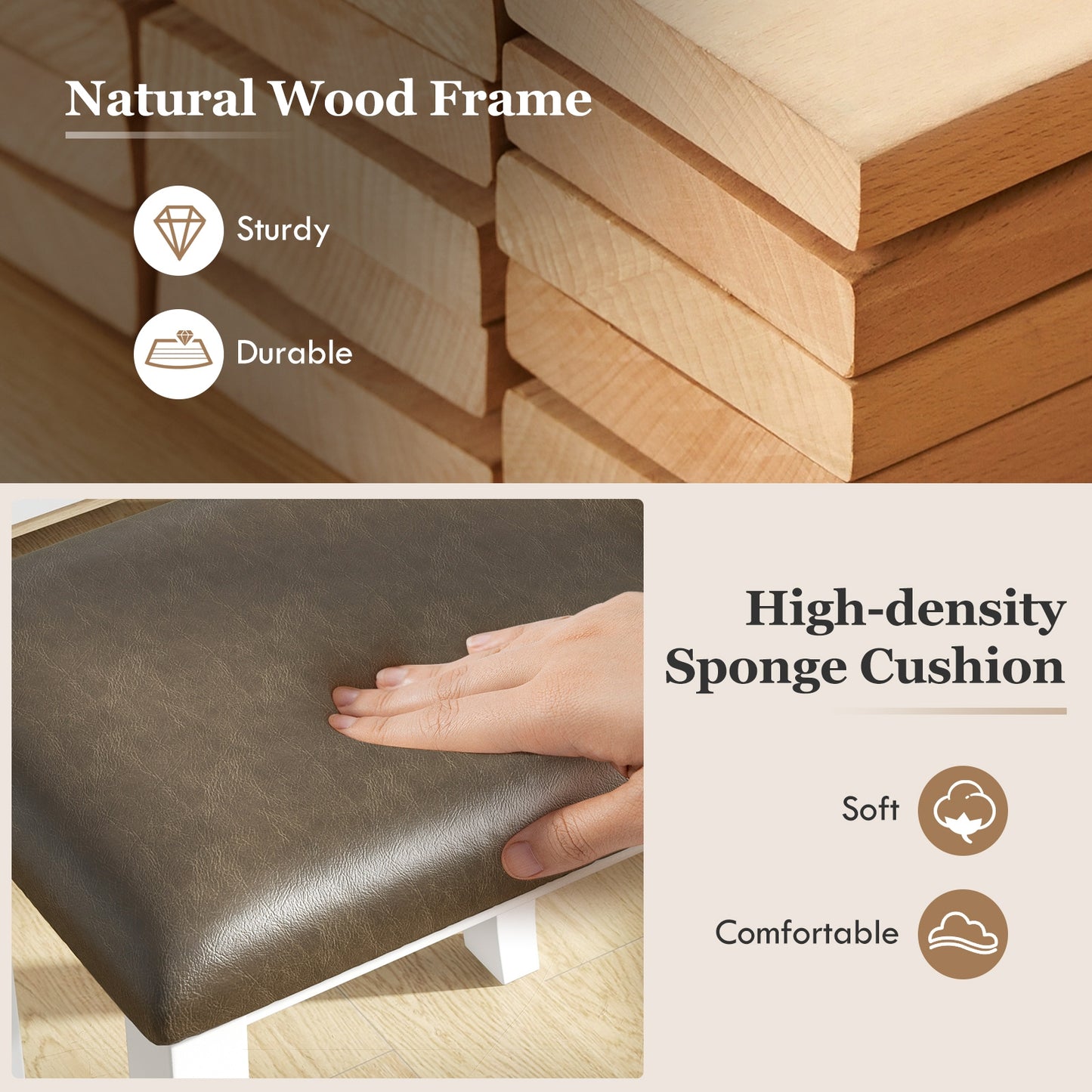 Set of 2 Faux Leather Vanity Stools with Cushioned Seats for Makeup Room and Living Room