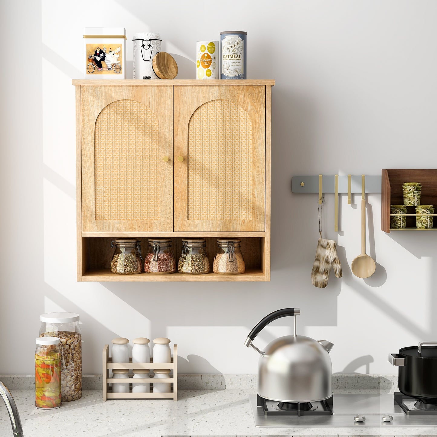 Wall-Mounted Medicine Cabinet with 2 Rattan Doors for Multi-Purpose Use