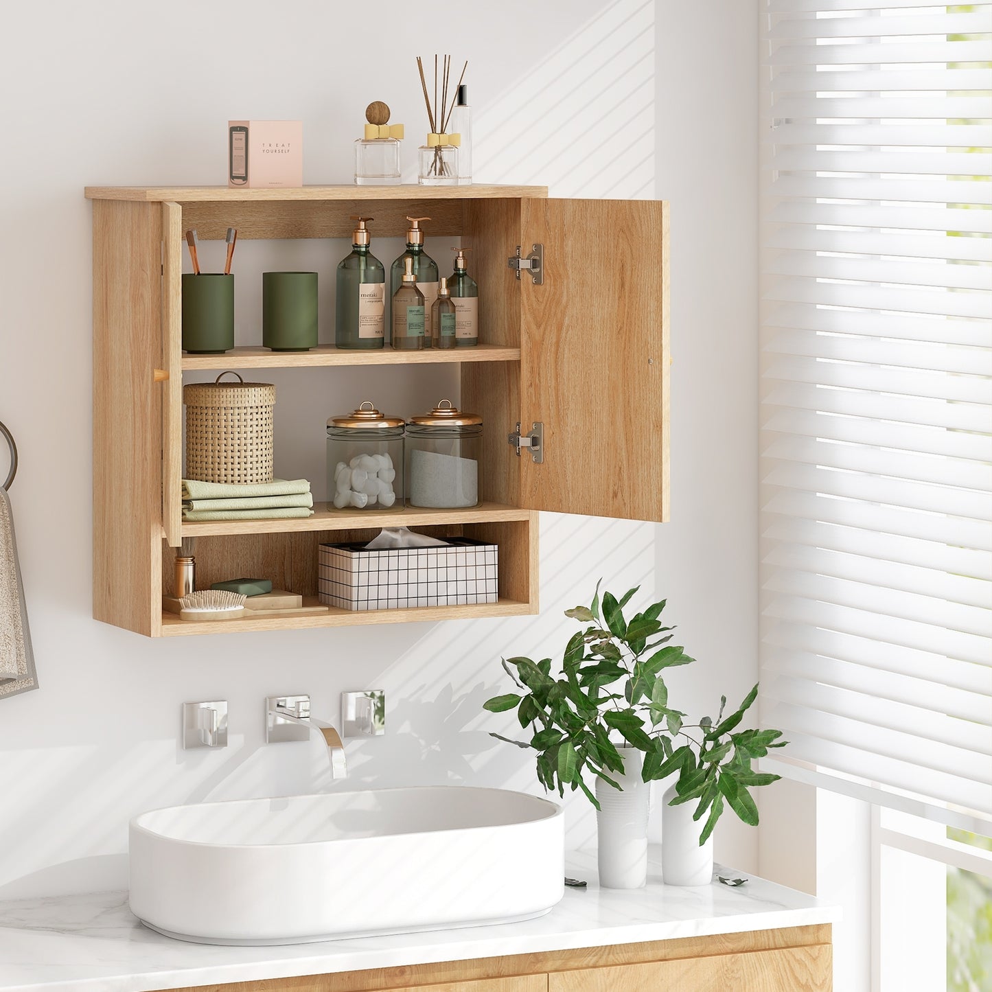 Wall-Mounted Medicine Cabinet with 2 Rattan Doors for Multi-Purpose Use