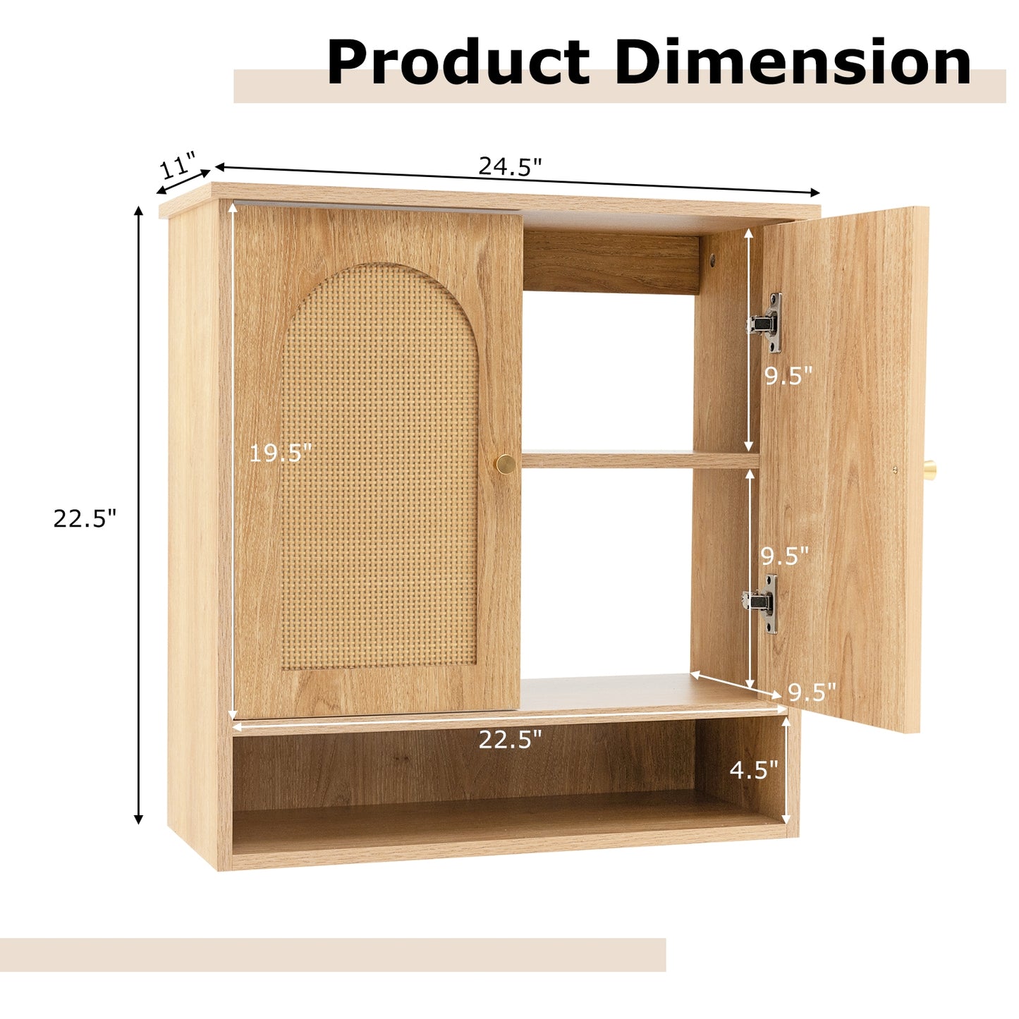 Wall-Mounted Medicine Cabinet with 2 Rattan Doors for Multi-Purpose Use