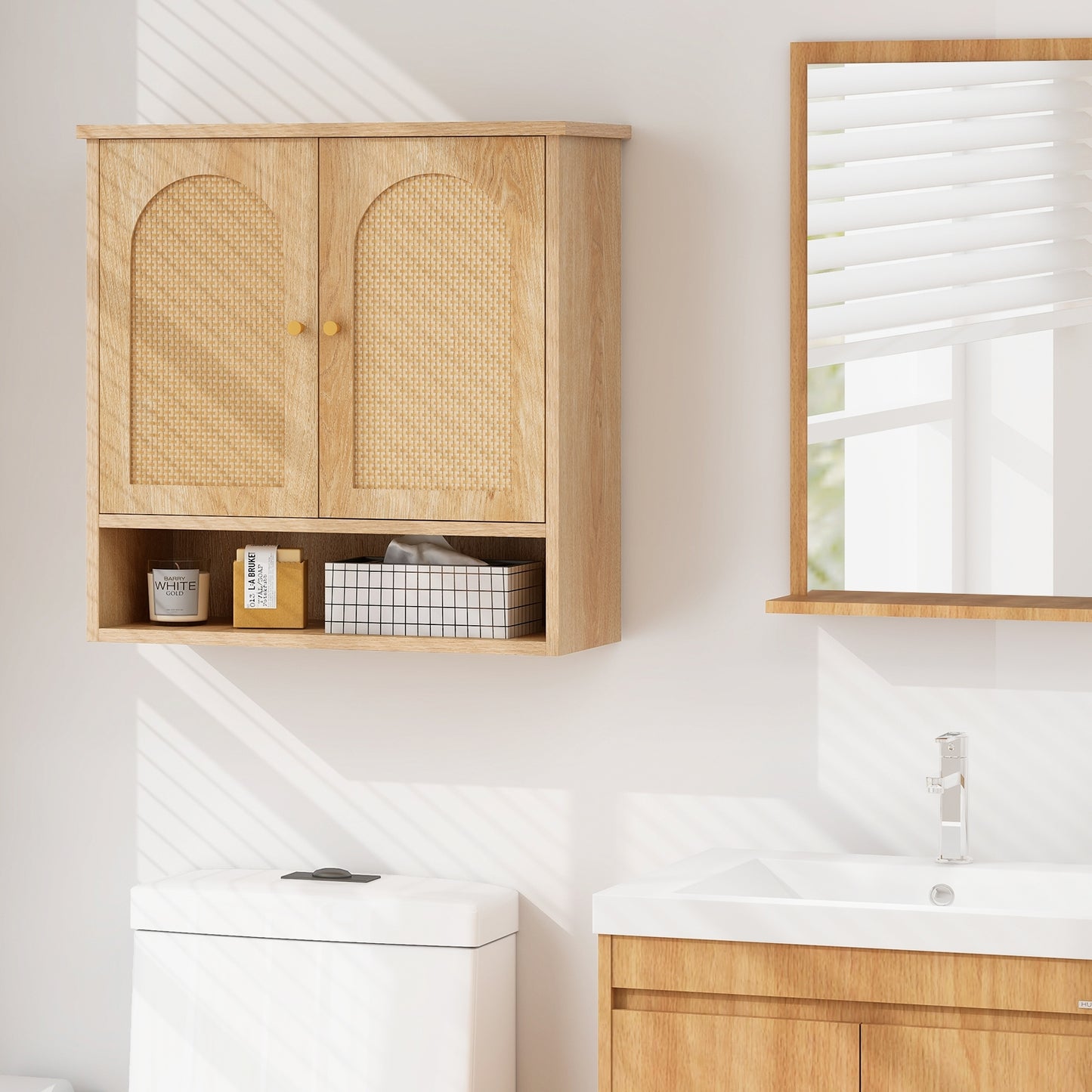 Wall-Mounted Medicine Cabinet with 2 Rattan Doors for Multi-Purpose Use