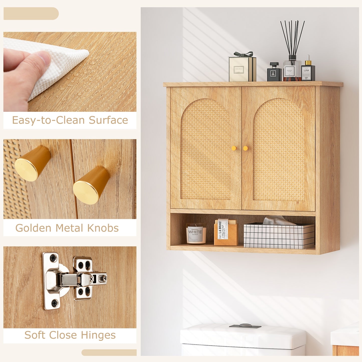 Wall-Mounted Medicine Cabinet with 2 Rattan Doors for Multi-Purpose Use