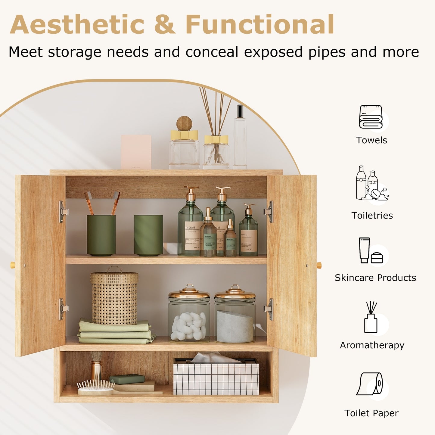 Wall-Mounted Medicine Cabinet with 2 Rattan Doors for Multi-Purpose Use