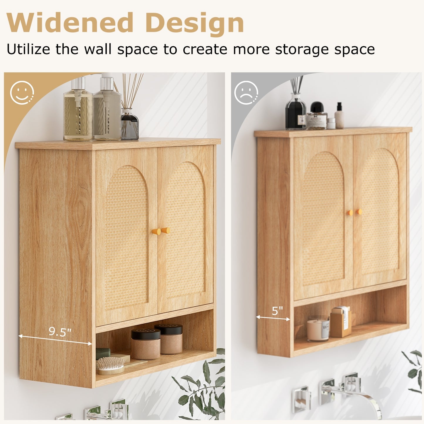 Wall-Mounted Medicine Cabinet with 2 Rattan Doors for Multi-Purpose Use