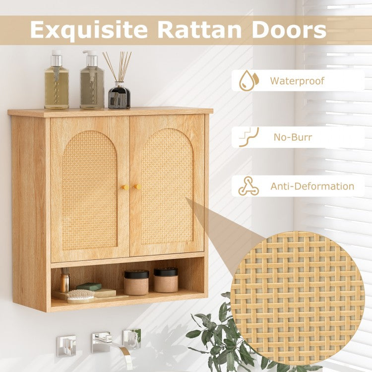Wall-Mounted Medicine Cabinet with 2 Rattan Doors for Multi-Purpose Use