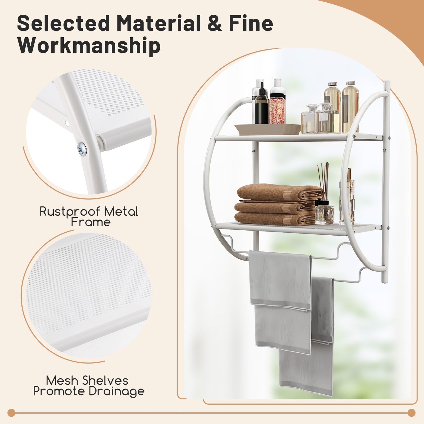 Wall-Mounted 2 Tier Towel Rack with 2 Hanging Bars for Bathroom Storage