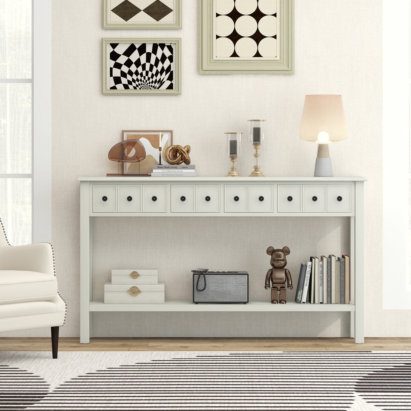 Spacious 60 Inch Sofa Table with 4 Drawers and Open Shelf for Living Room - White