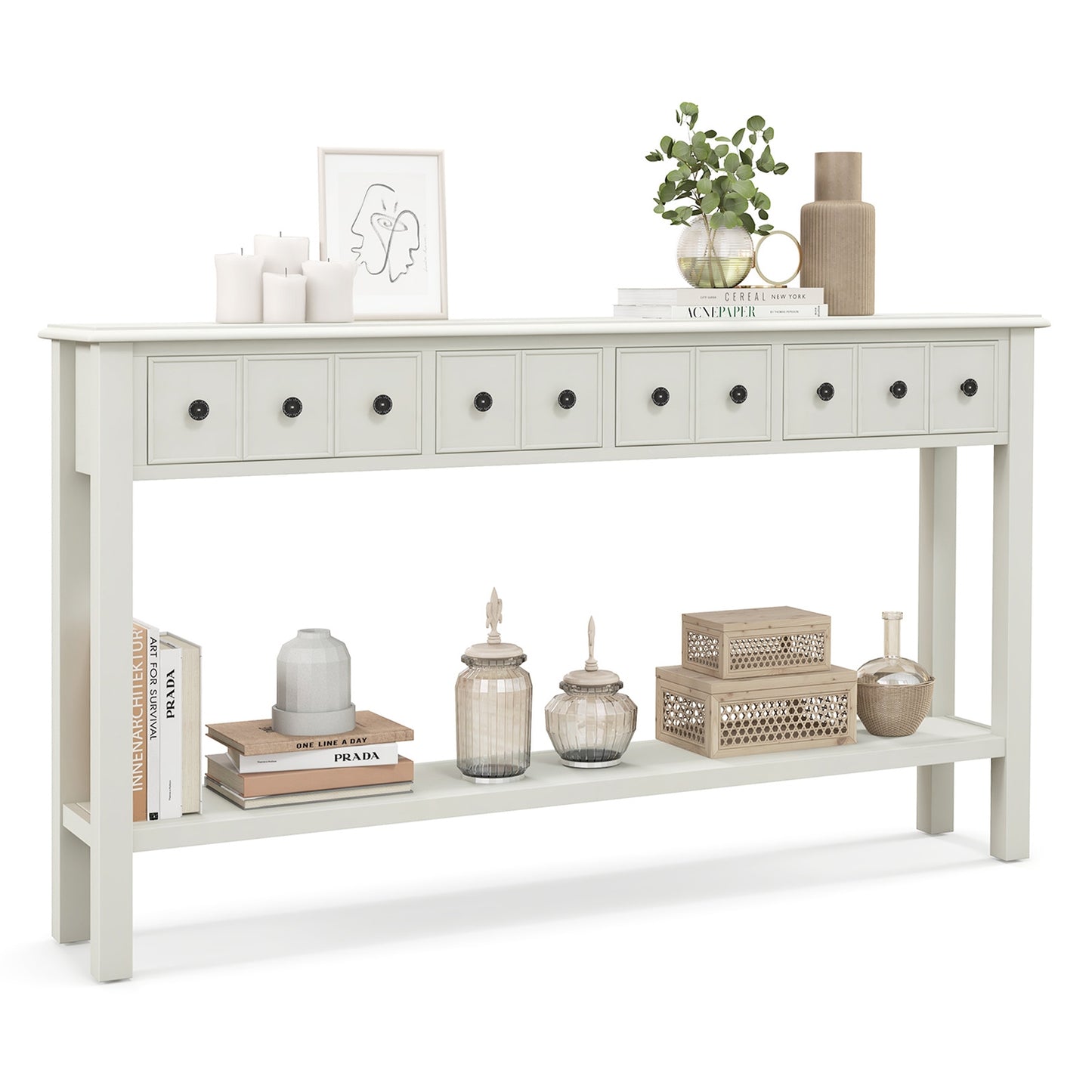 Spacious 60 Inch Sofa Table with 4 Drawers and Open Shelf for Living Room - White