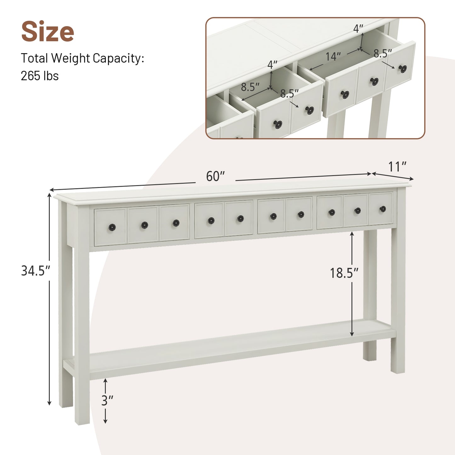 Spacious 60 Inch Sofa Table with 4 Drawers and Open Shelf for Living Room - White
