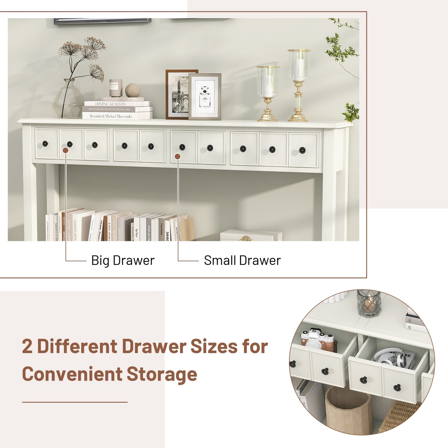 Spacious 60 Inch Sofa Table with 4 Drawers and Open Shelf for Living Room - White