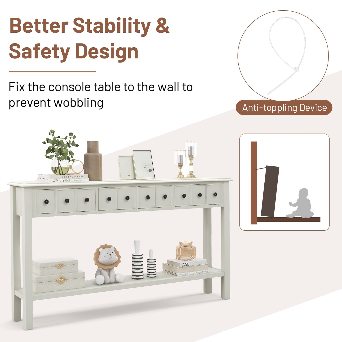 Spacious 60 Inch Sofa Table with 4 Drawers and Open Shelf for Living Room - White