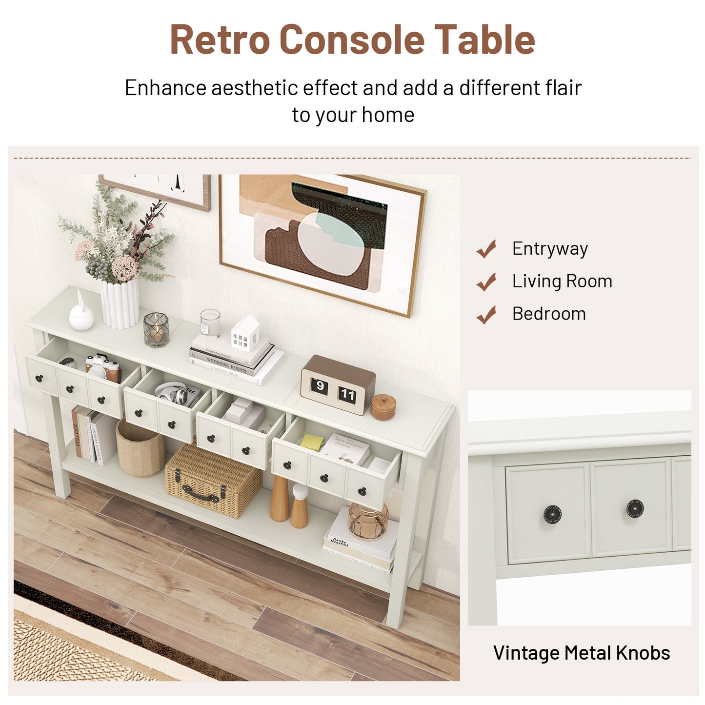 Spacious 60 Inch Sofa Table with 4 Drawers and Open Shelf for Living Room - White