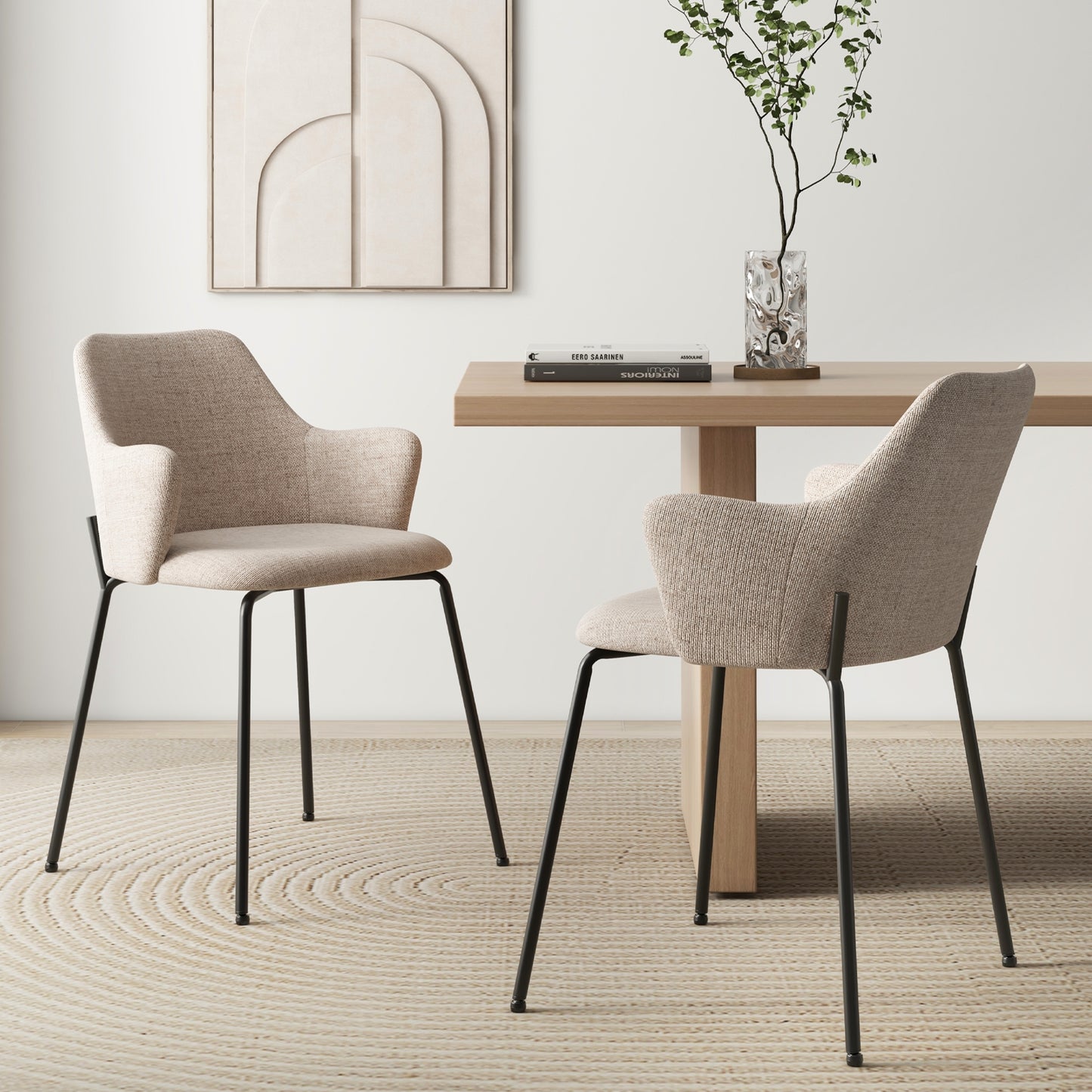 Ergonomic Dining Chairs with Curved Backrest, Wide Seat and Armrests in Beige – Set of 2
