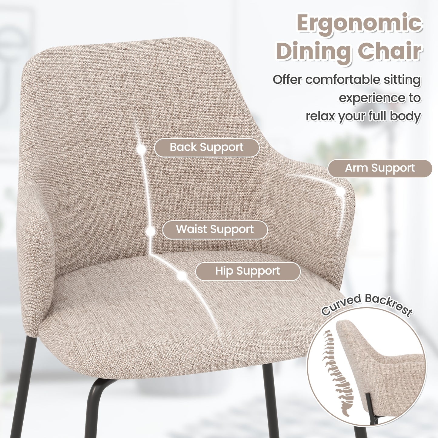 Ergonomic Dining Chairs with Curved Backrest, Wide Seat and Armrests in Beige – Set of 2