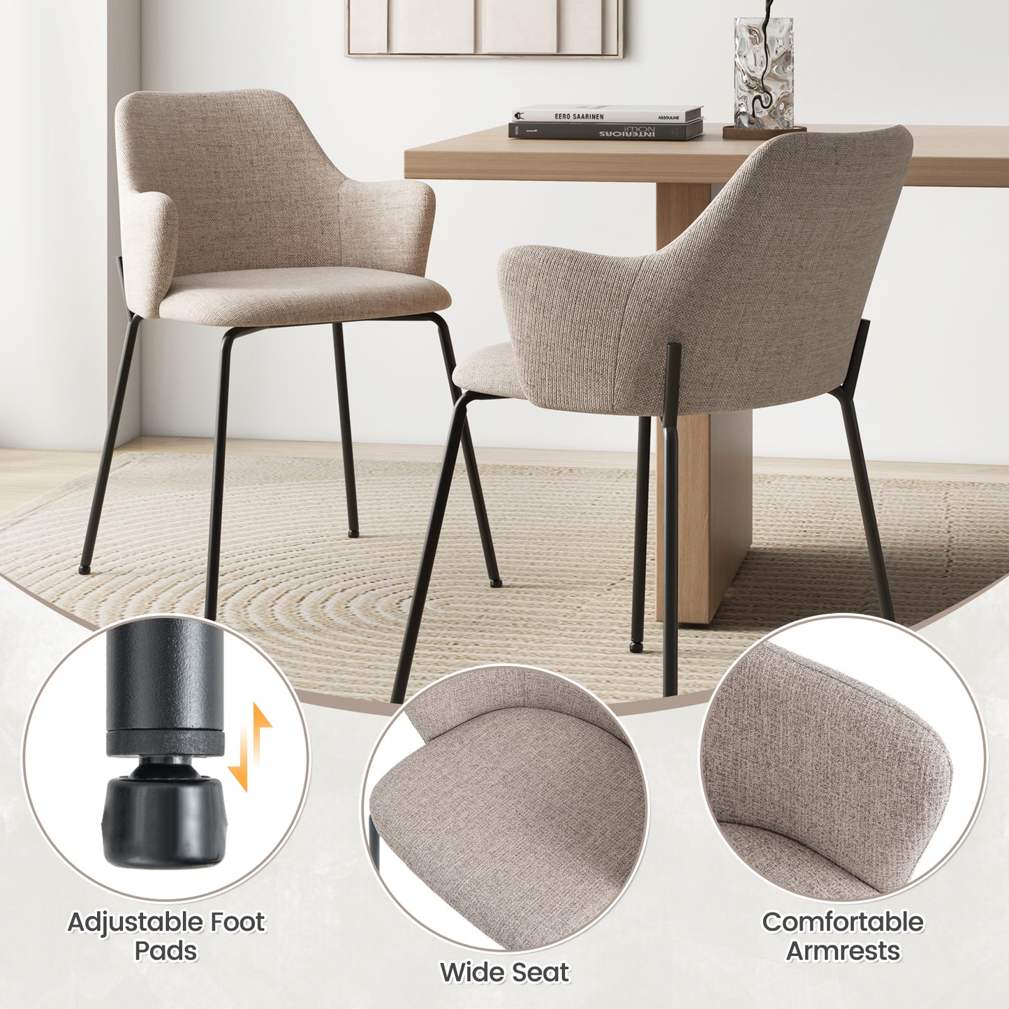 Ergonomic Dining Chairs with Curved Backrest, Wide Seat and Armrests in Beige – Set of 2
