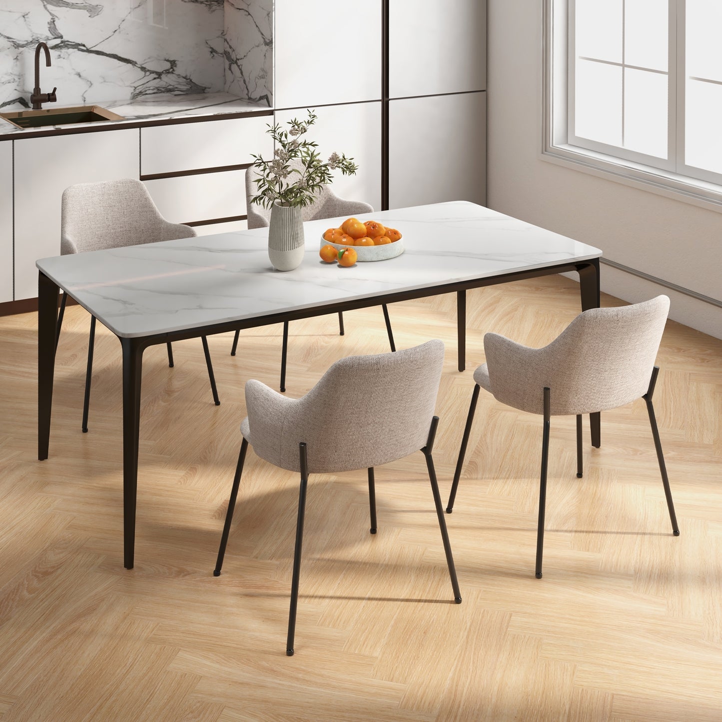 Ergonomic Dining Chairs with Curved Backrest, Wide Seat and Armrests in Beige – Set of 2