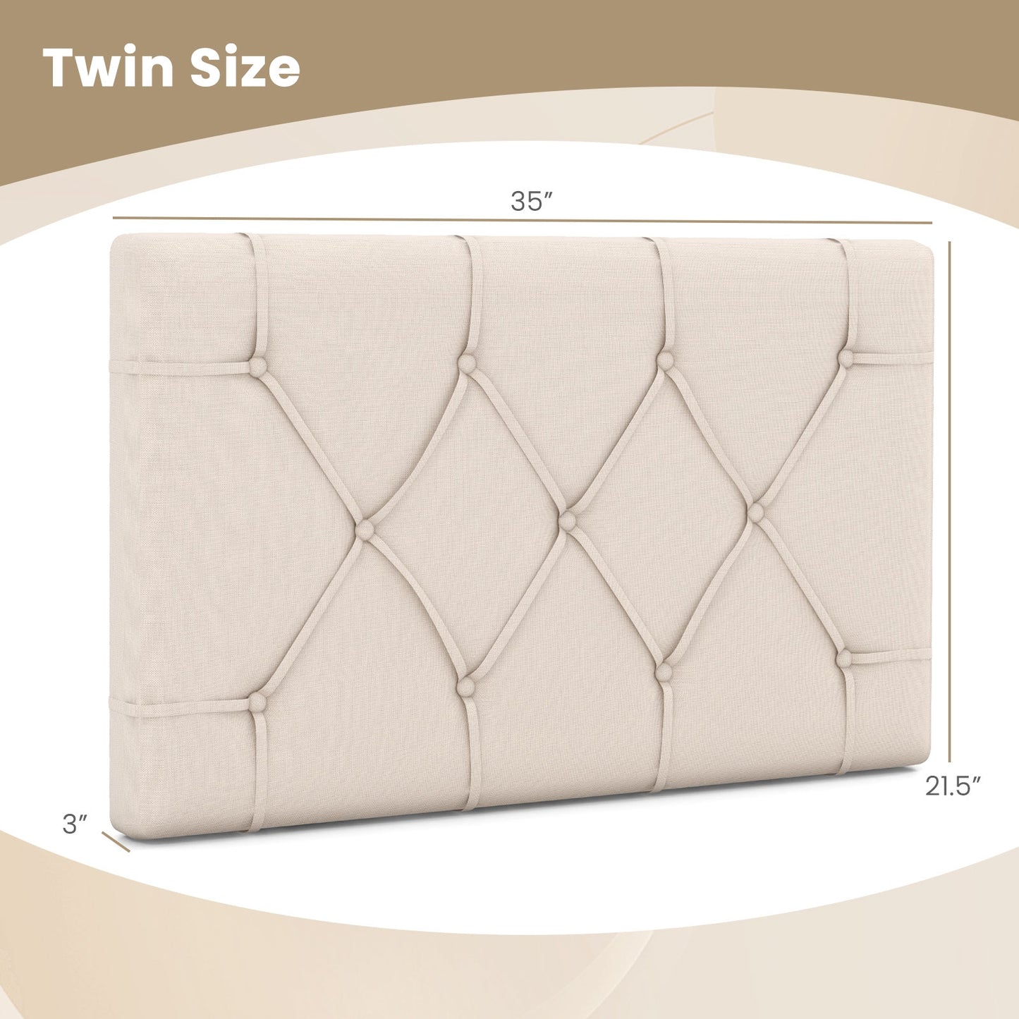 Beige Upholstered Twin Bed Headboard with Adjustable Height and Button Tufted Design
