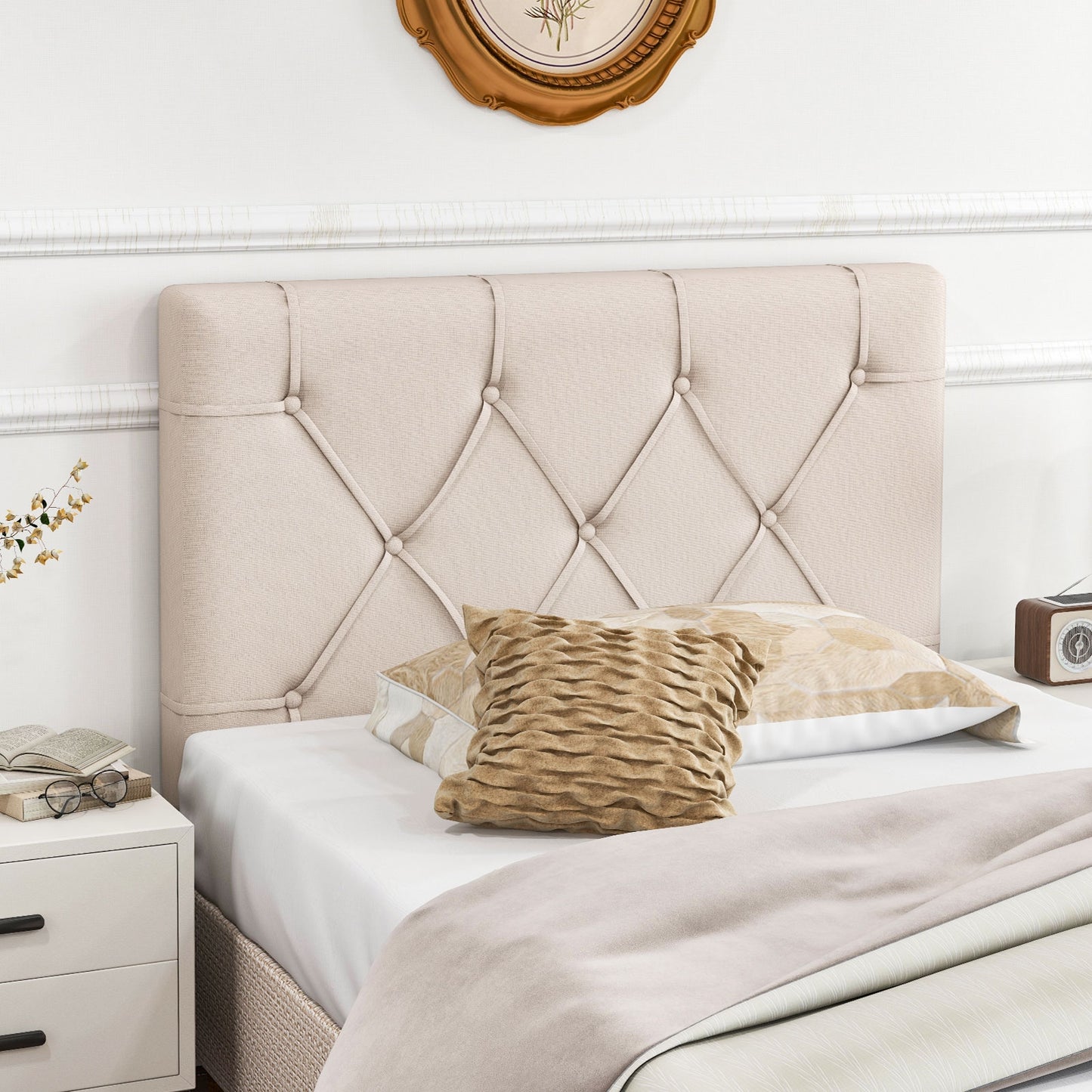 Beige Upholstered Twin Bed Headboard with Adjustable Height and Button Tufted Design