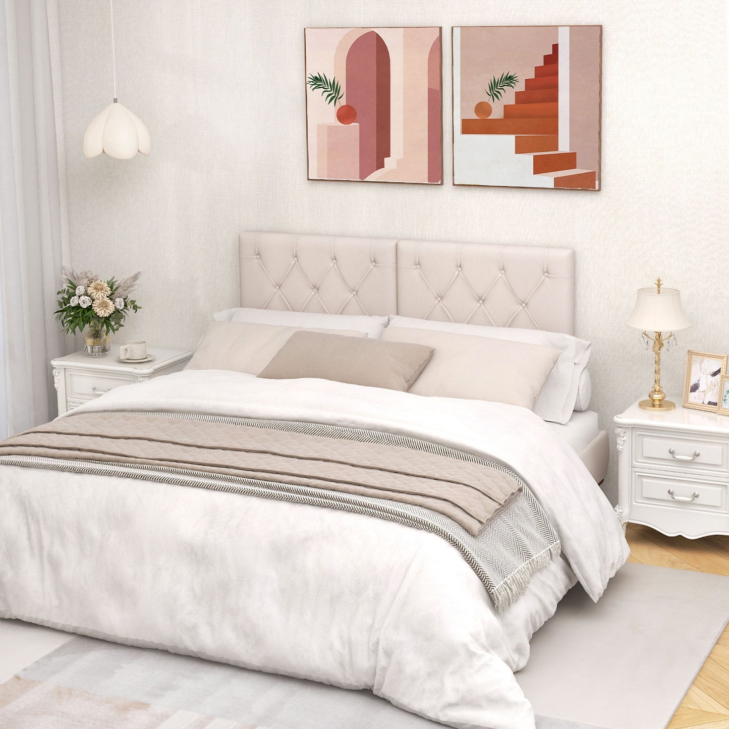 Beige Upholstered Twin Bed Headboard with Adjustable Height and Button Tufted Design