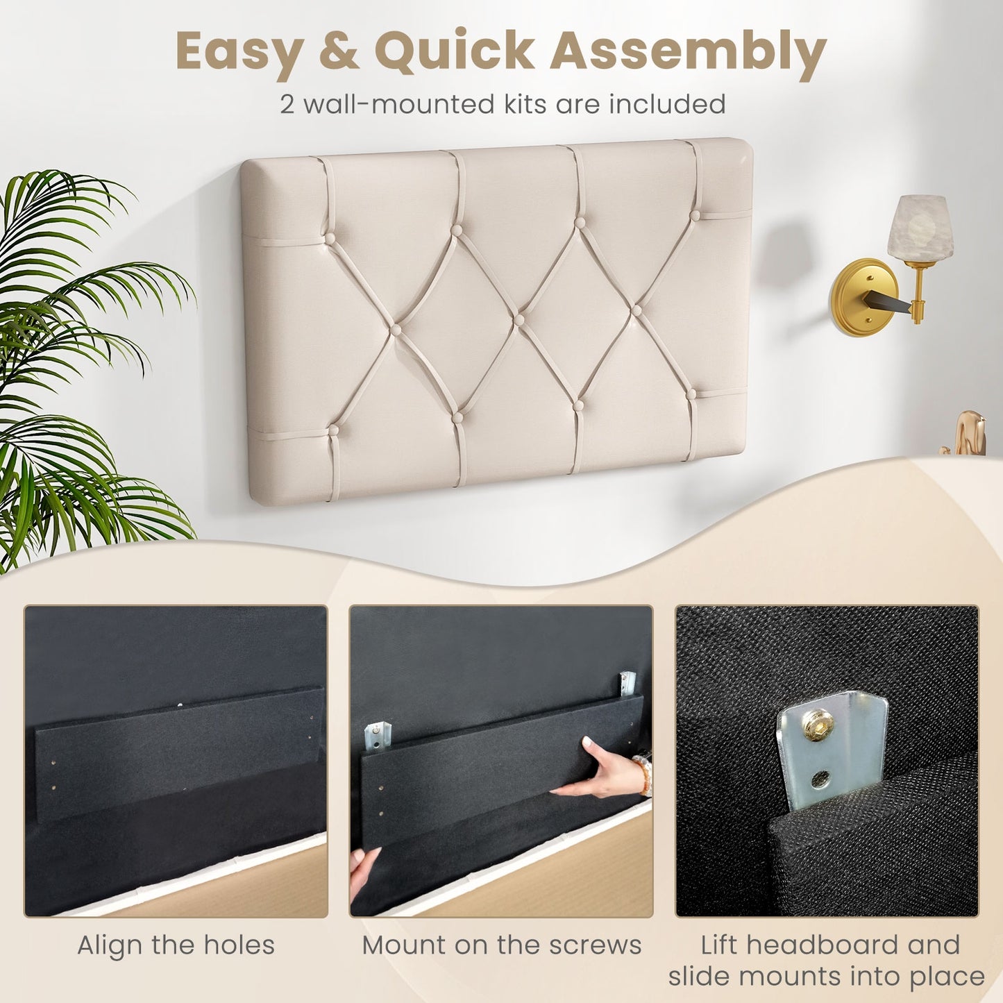Beige Upholstered Twin Bed Headboard with Adjustable Height and Button Tufted Design