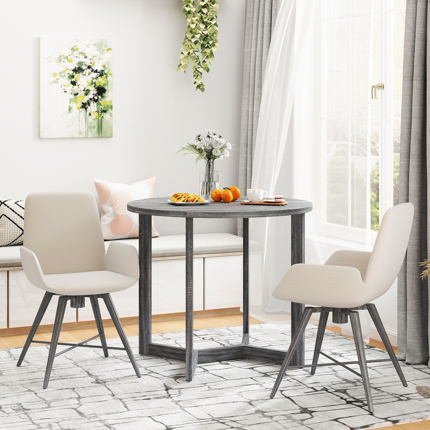 Elegant 36 Round Wood Dining Table for 2 to 4 with Unique Wing Pedestal Base in Black