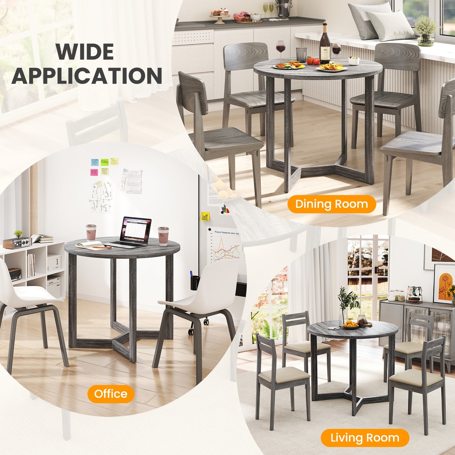 Elegant 36 Round Wood Dining Table for 2 to 4 with Unique Wing Pedestal Base in Black