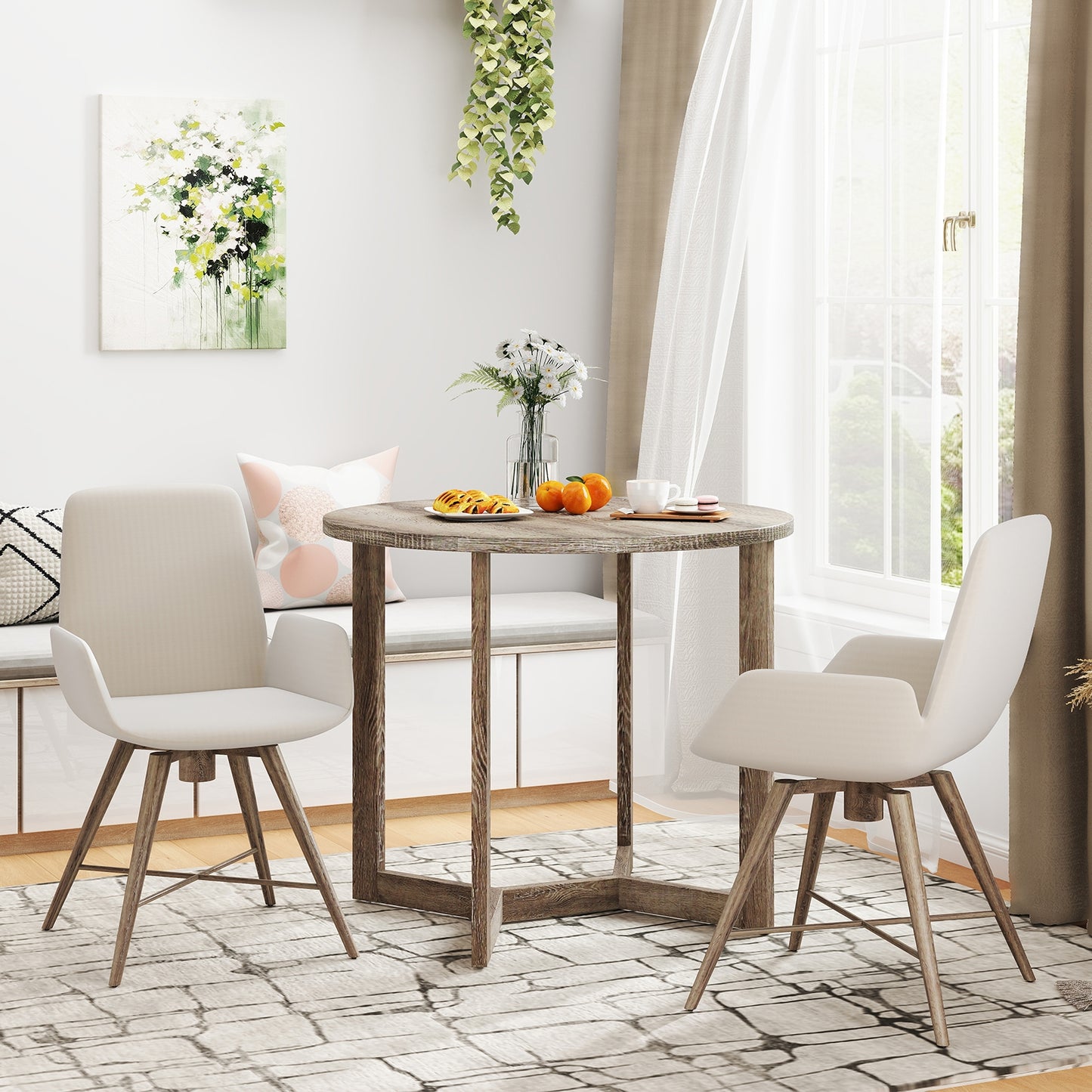 Elegant 36 Round Wood Dining Table for 2 to 4 with Unique Wing Pedestal Base in Grey