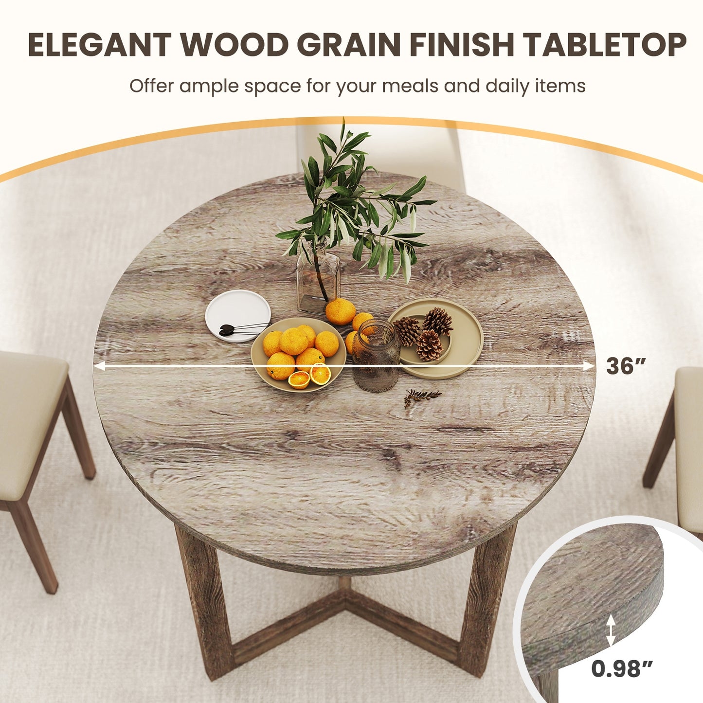 Elegant 36 Round Wood Dining Table for 2 to 4 with Unique Wing Pedestal Base in Grey