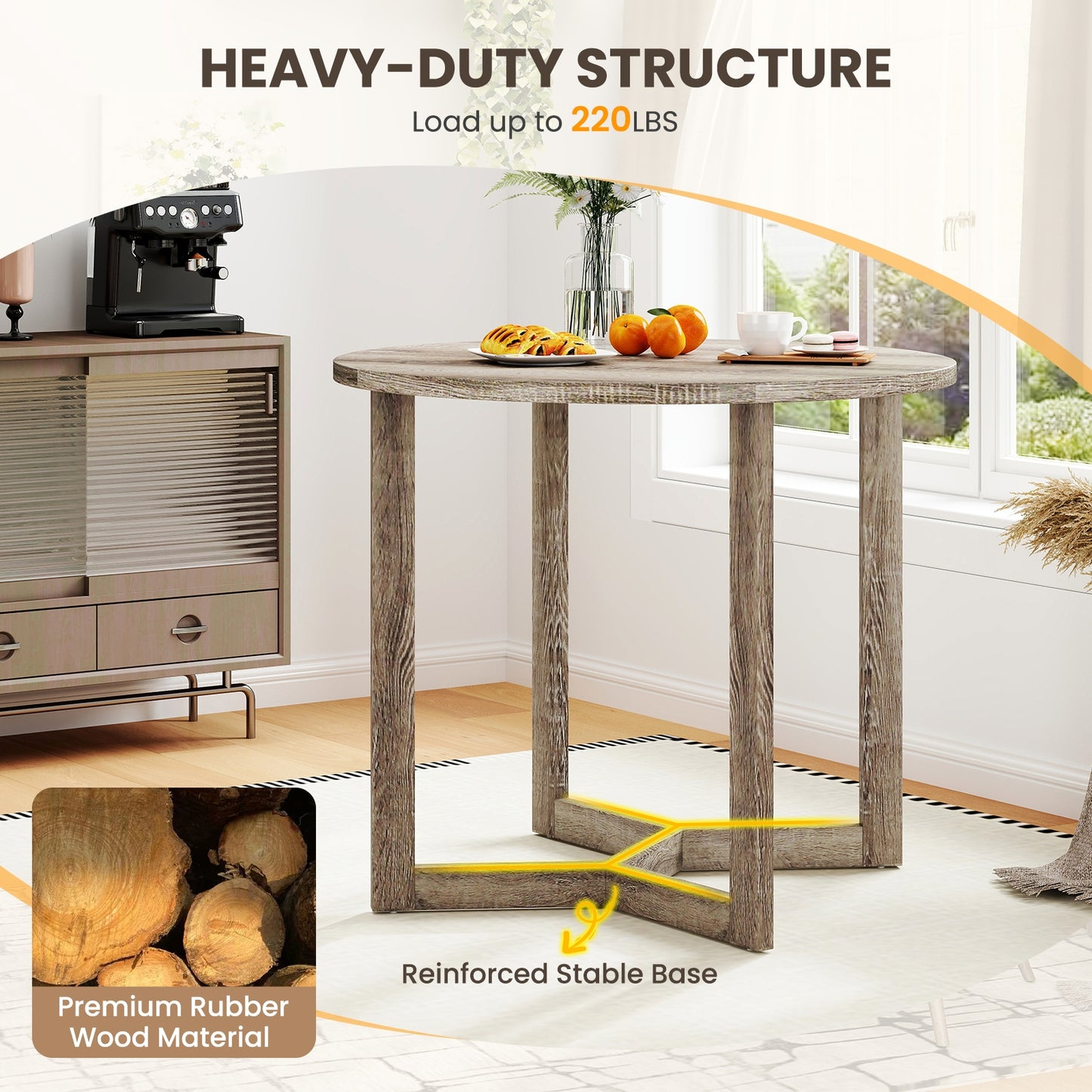 Elegant 36 Round Wood Dining Table for 2 to 4 with Unique Wing Pedestal Base in Grey