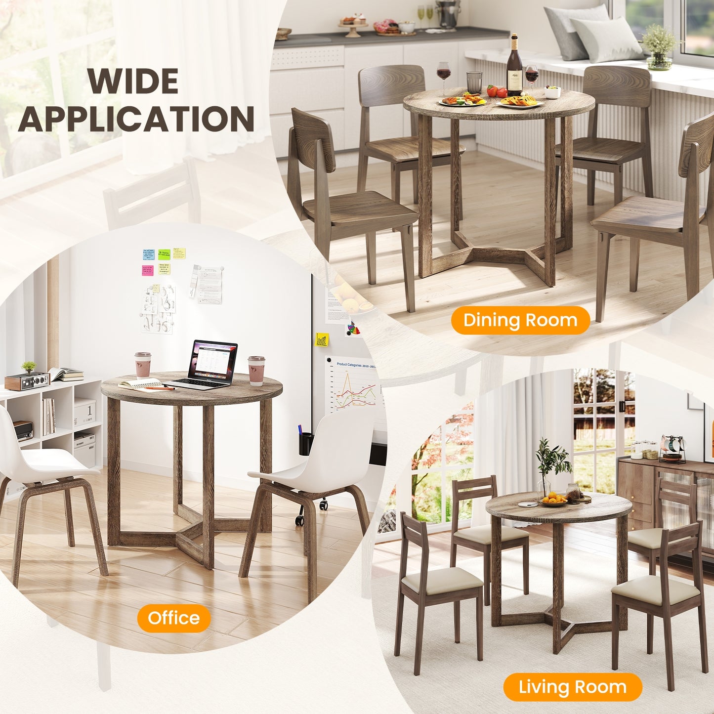 Elegant 36 Round Wood Dining Table for 2 to 4 with Unique Wing Pedestal Base in Grey