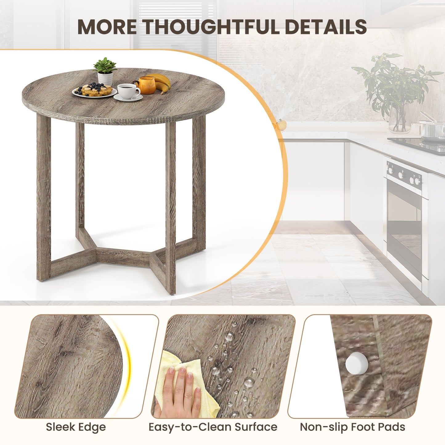 Elegant 36 Round Wood Dining Table for 2 to 4 with Unique Wing Pedestal Base in Grey
