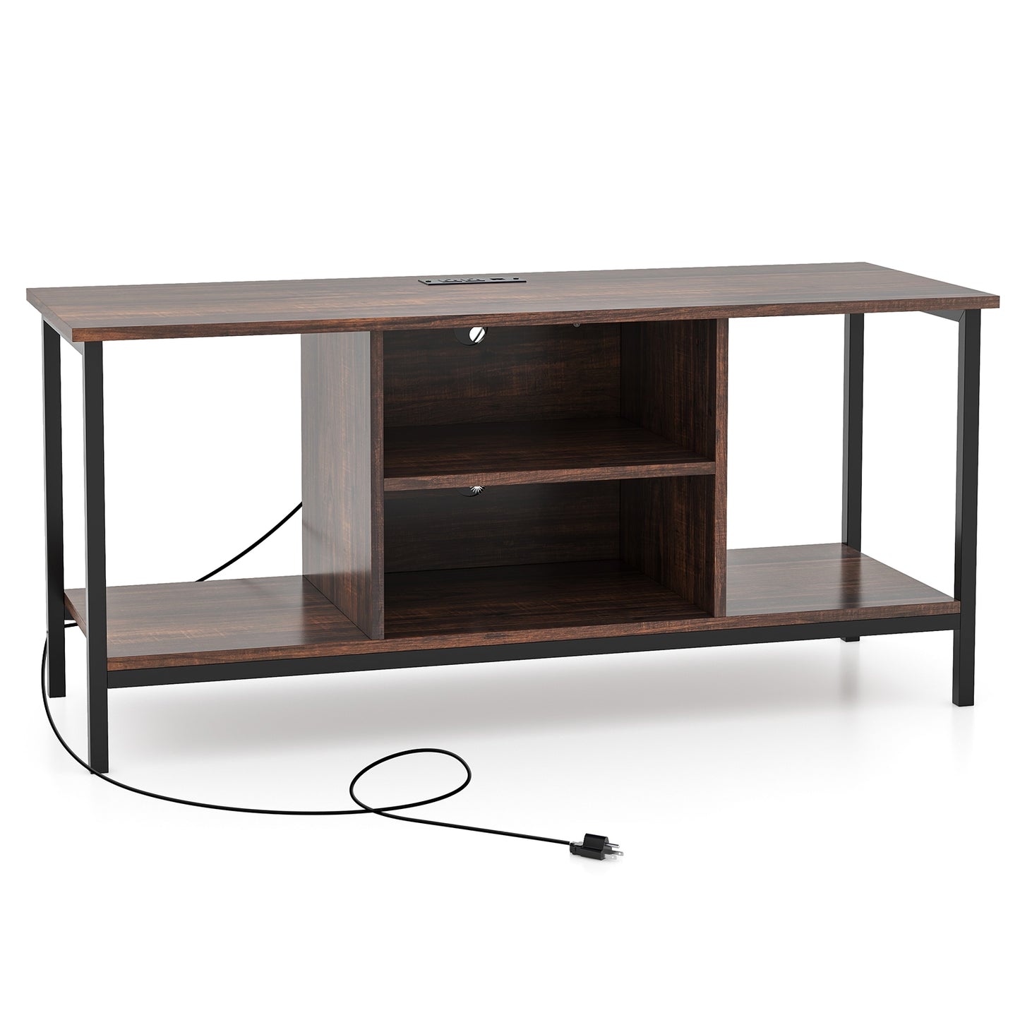 Industrial TV Stand with Power Outlets and Open Storage for TVs up to 50 Inches