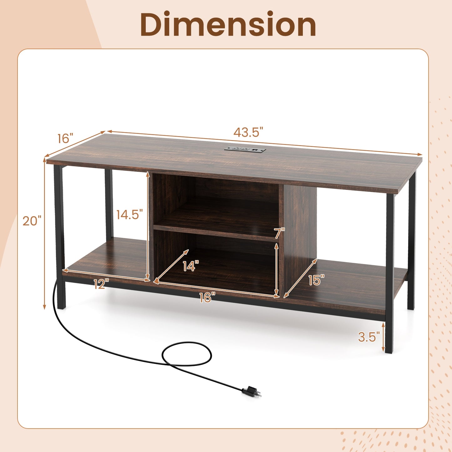 Industrial TV Stand with Power Outlets and Open Storage for TVs up to 50 Inches