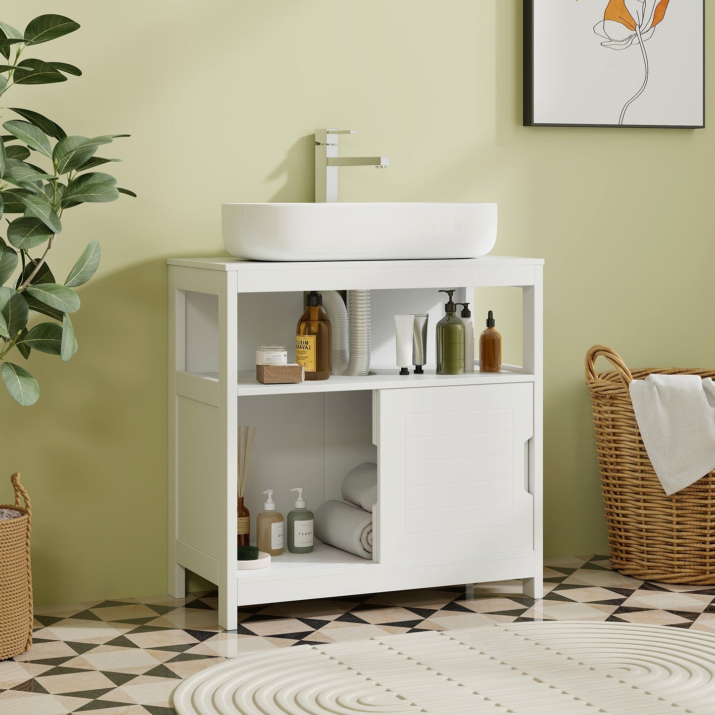 Under Sink Storage Cabinet with Sliding Doors & U-Shaped Cut-Out for Vessel Sinks