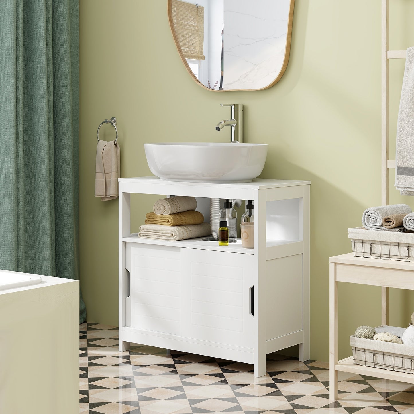 Under Sink Storage Cabinet with Sliding Doors & U-Shaped Cut-Out for Vessel Sinks