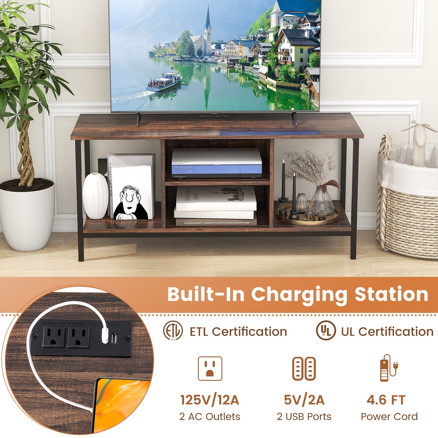 Industrial TV Stand with Power Outlets and Open Storage for TVs up to 50 Inches