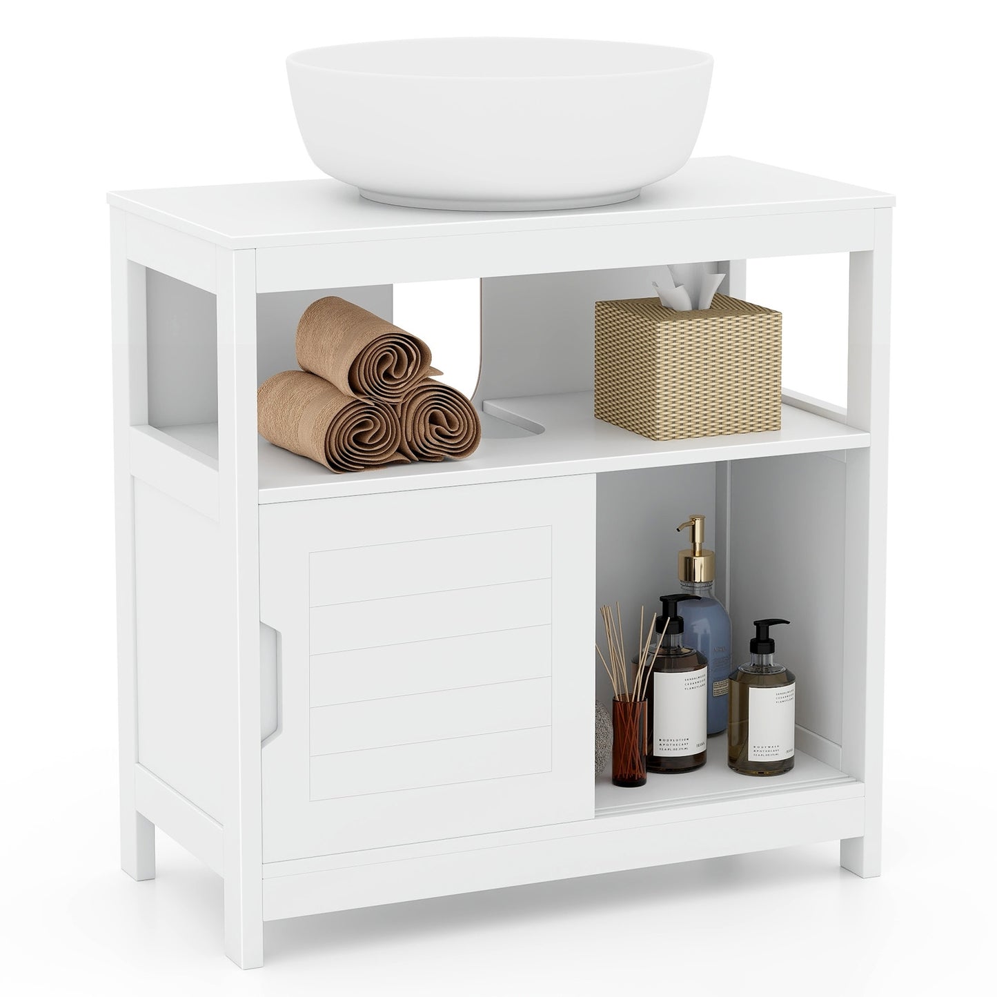 Under Sink Storage Cabinet with Sliding Doors & U-Shaped Cut-Out for Vessel Sinks