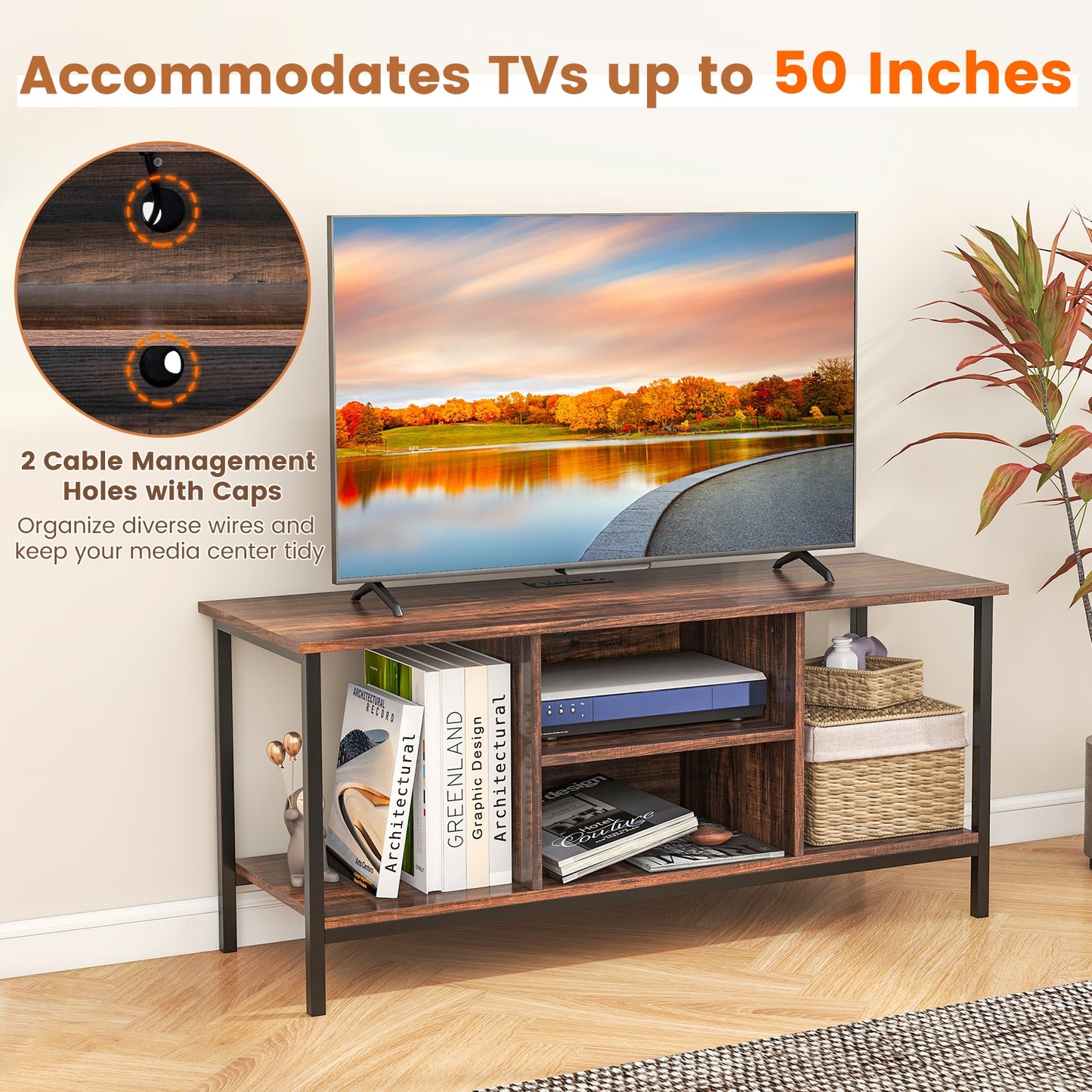 Industrial TV Stand with Power Outlets and Open Storage for TVs up to 50 Inches
