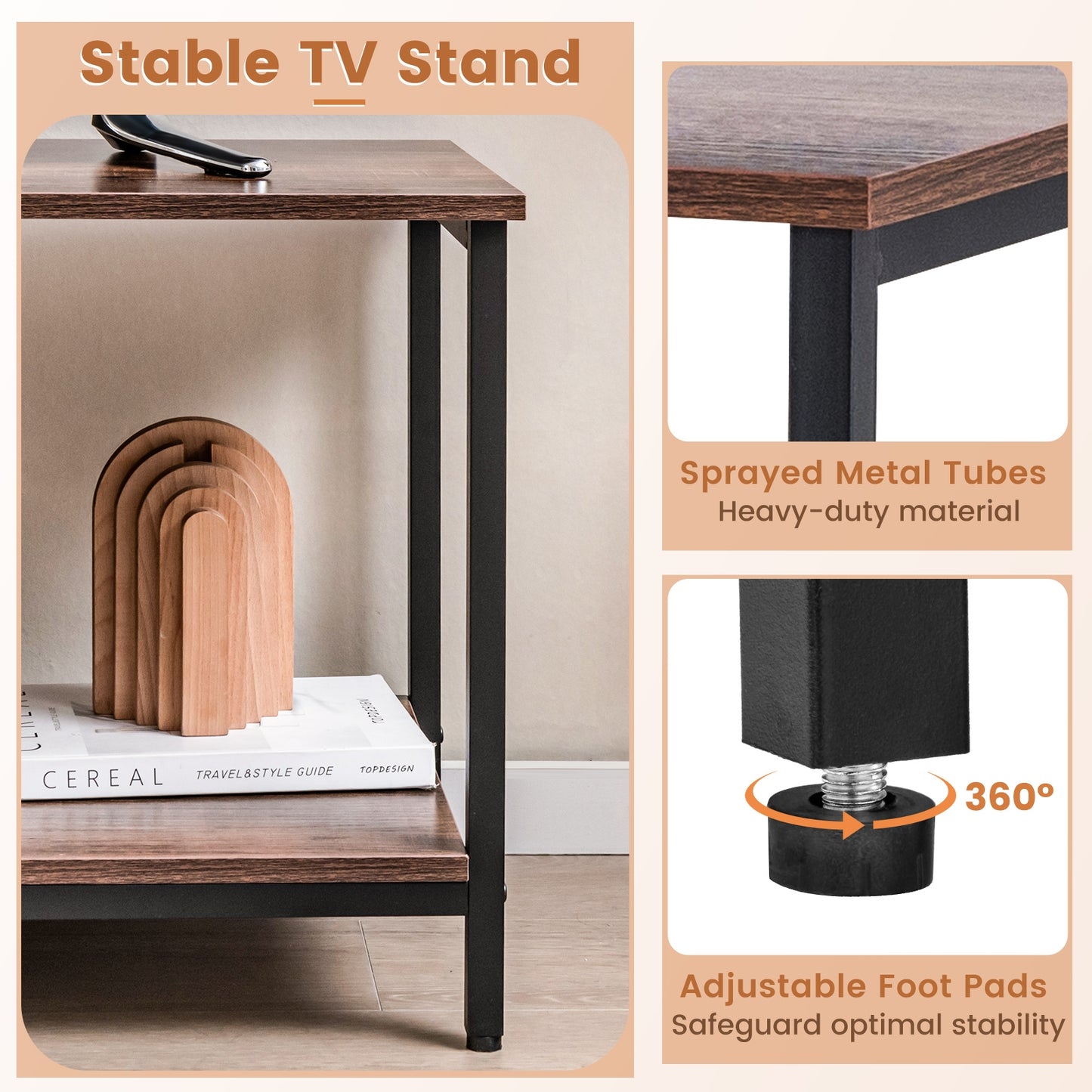Industrial TV Stand with Power Outlets and Open Storage for TVs up to 50 Inches