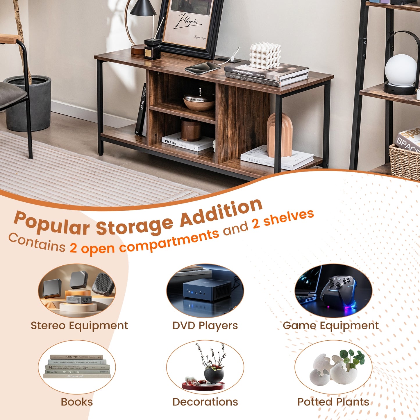Industrial TV Stand with Power Outlets and Open Storage for TVs up to 50 Inches