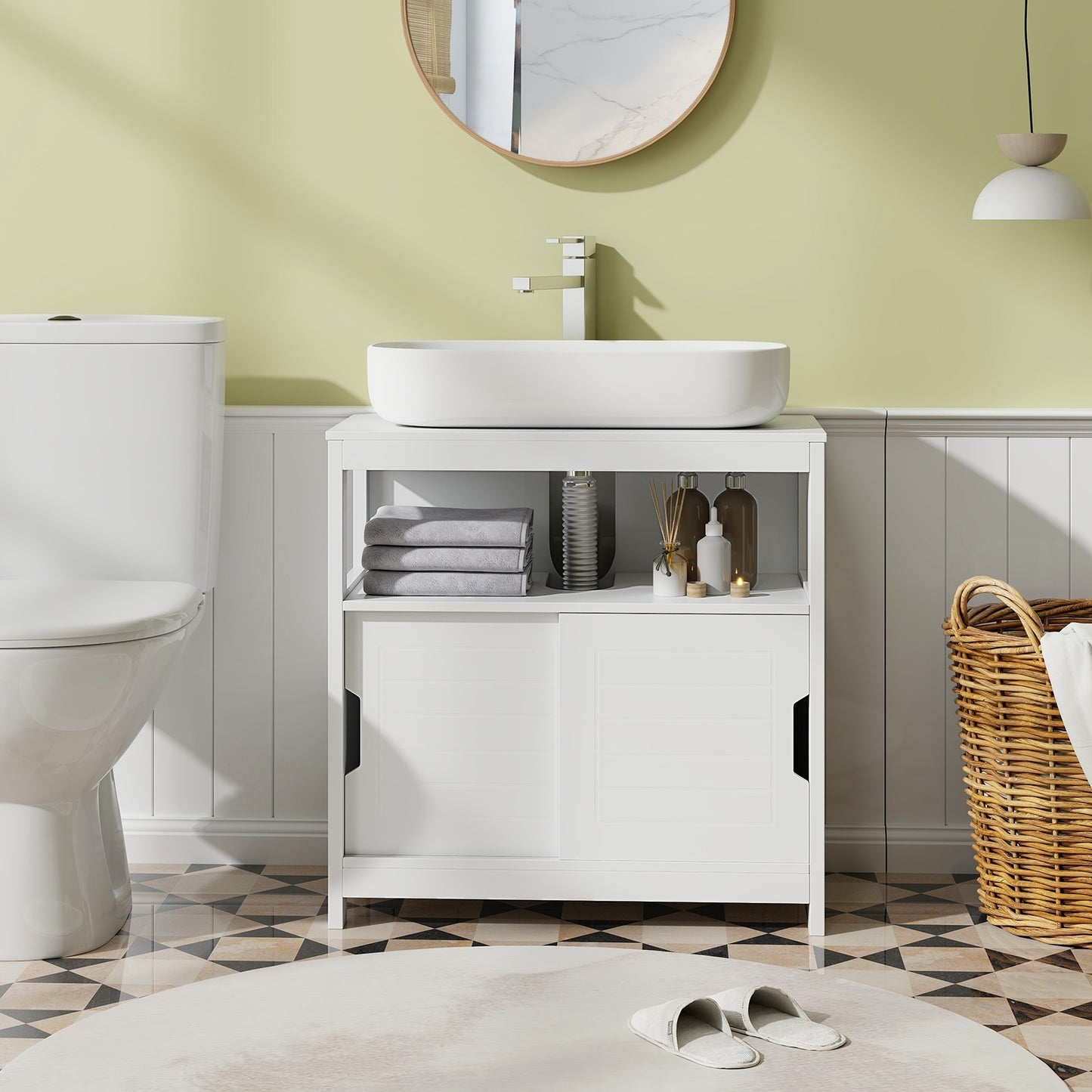Under Sink Storage Cabinet with Sliding Doors & U-Shaped Cut-Out for Vessel Sinks