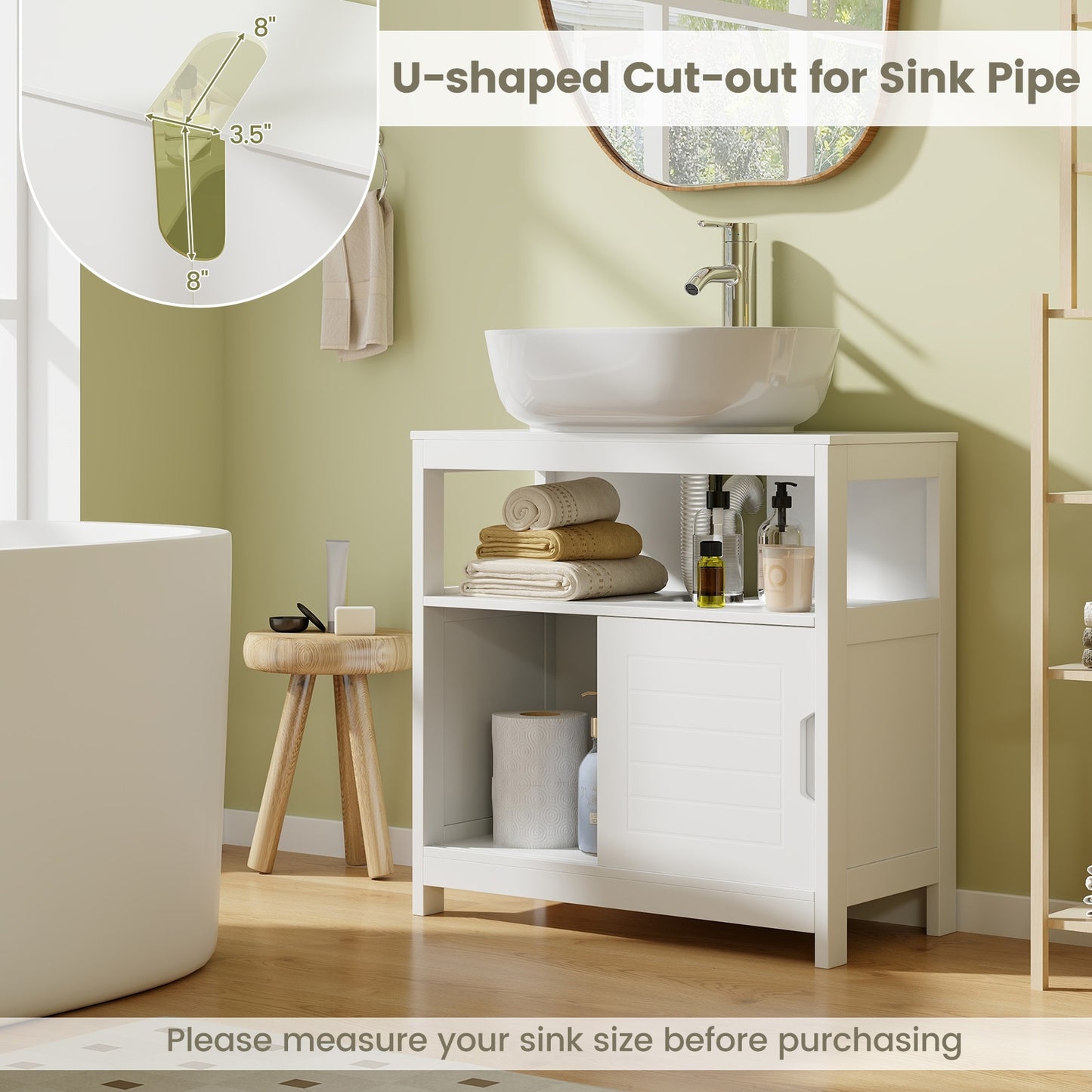 Under Sink Storage Cabinet with Sliding Doors & U-Shaped Cut-Out for Vessel Sinks