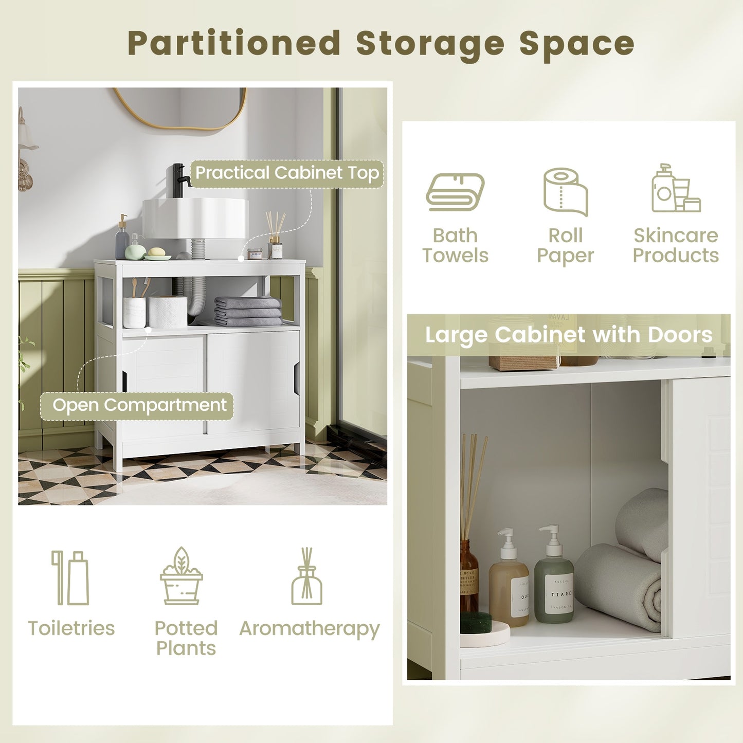 Under Sink Storage Cabinet with Sliding Doors & U-Shaped Cut-Out for Vessel Sinks