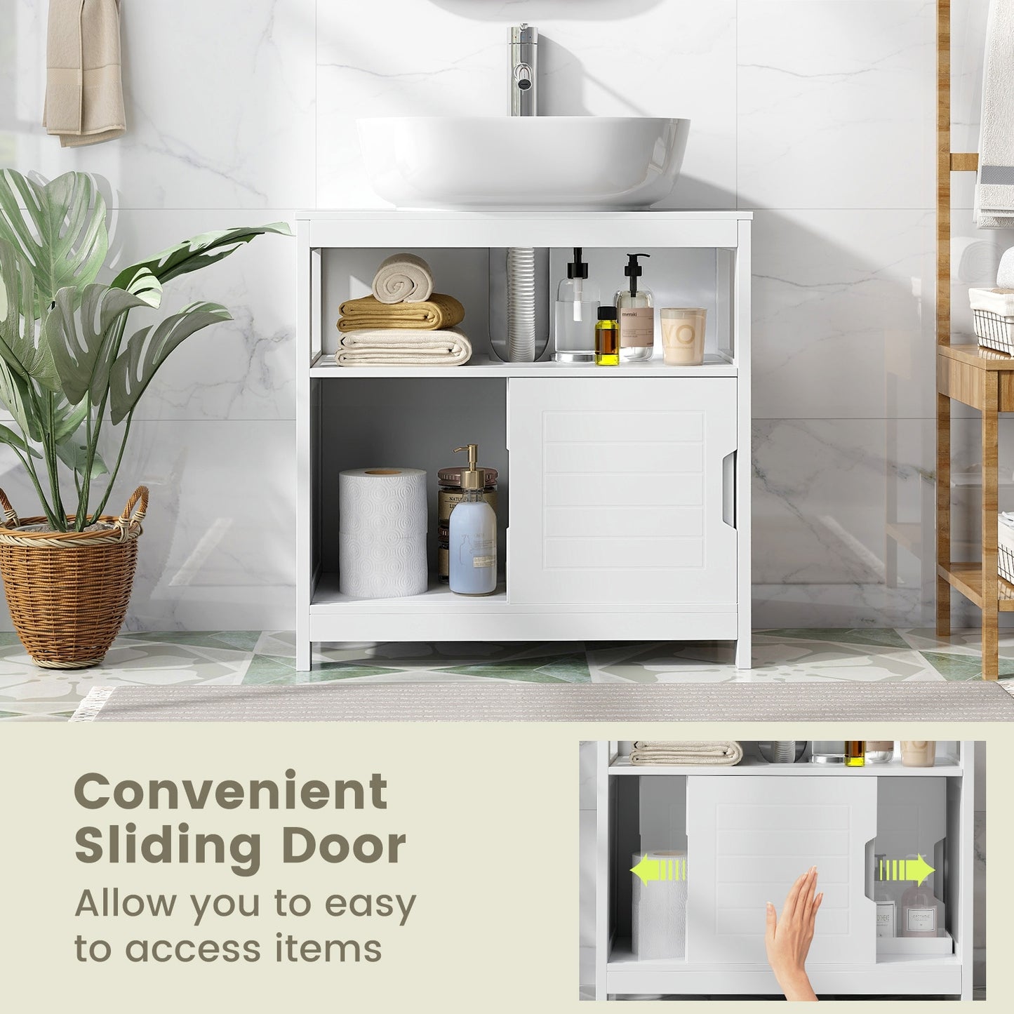 Under Sink Storage Cabinet with Sliding Doors & U-Shaped Cut-Out for Vessel Sinks